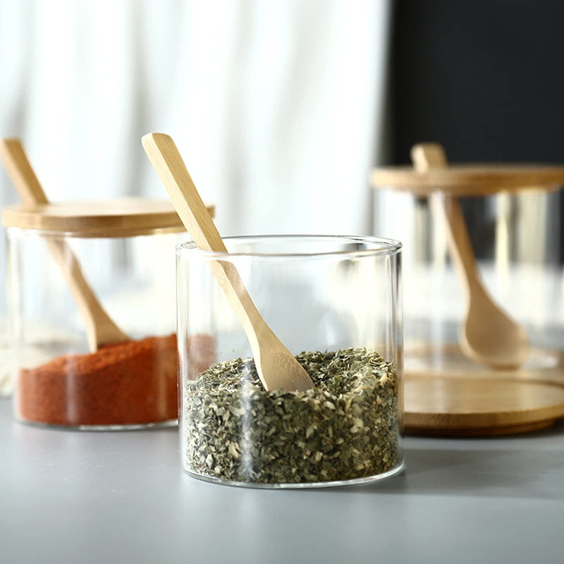 [Australia - AusPower] - 300ML/10Oz Clear Glass Jar with Bamboo Lid and Wooden Spoon, Cute Sugar Bowl Bath Salt Storage Canister Seasoning Container Condiment Pot with Scoop for Spice, Pepper for Kitchen, Table, Countertop 1 