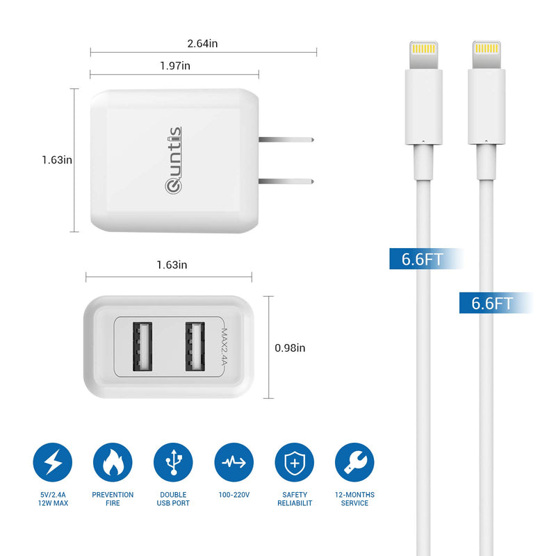 [Australia - AusPower] - iPhone Charger MFi Certified, Quntis 2Pack 6.6ft Lightning Charging Cable Cord with Dual Port USB Wall Charger Block Adapter for iPhone 13 12 SE 11 Pro Max XS XR X 8 7 6s 6 Plus iPad Pro iPod Airpods 