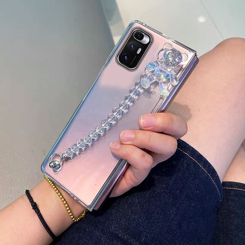 [Australia - AusPower] - for Samsung Galaxy Z Fold 3 Case Bling Cute Bear Bead Strap,Luxury Clear Frosted PC Back Soft TPU Airbag Protection,Slim Lightweight Shockproof Phone Case for Samsung Z Fold 3 for Girls Women White 