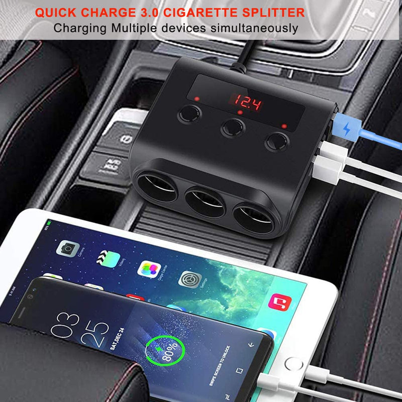 [Australia - AusPower] - GemCoo Cigarette Lighter Adapter, 100W 3 Sockets Power QC3.0 Cigarette Lighter Splitter with 4 USB Outlet On/Off Switches and Voltage Displayand & Replaceable 7A Fuse for GPS, Dash Cam 