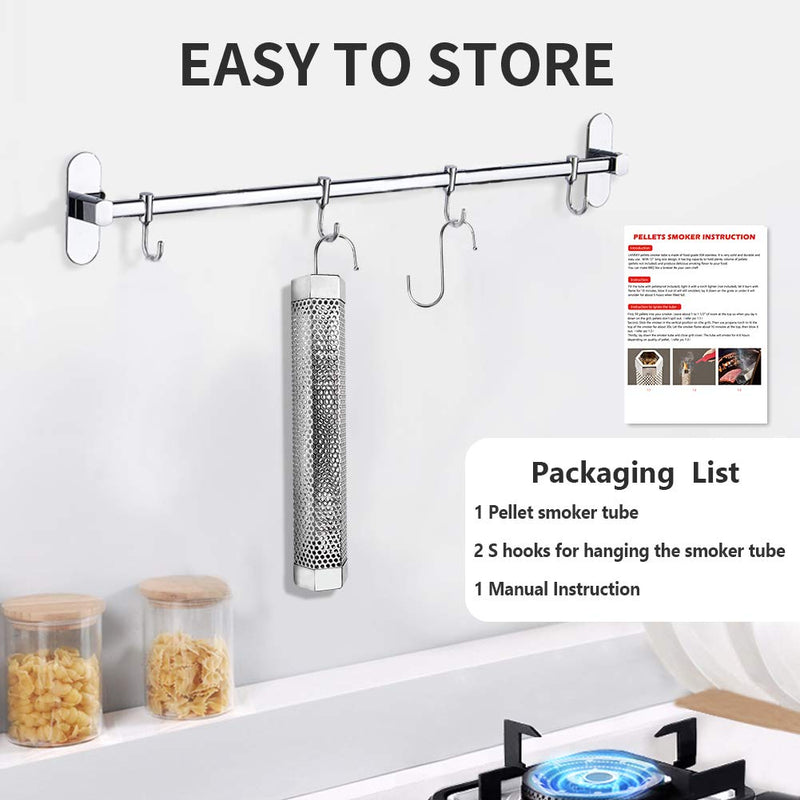 [Australia - AusPower] - Pellet Smoker Tube - 12'' Smoke Tube for Pellet Smoker Grill, Stainless Steel Pellet Tube for Smoking Portable Barbecue Cold Smoke Generator Works with Electric Gas Charcoal Grilling, Bonus Brush Hexagon Tube+2Hooks 