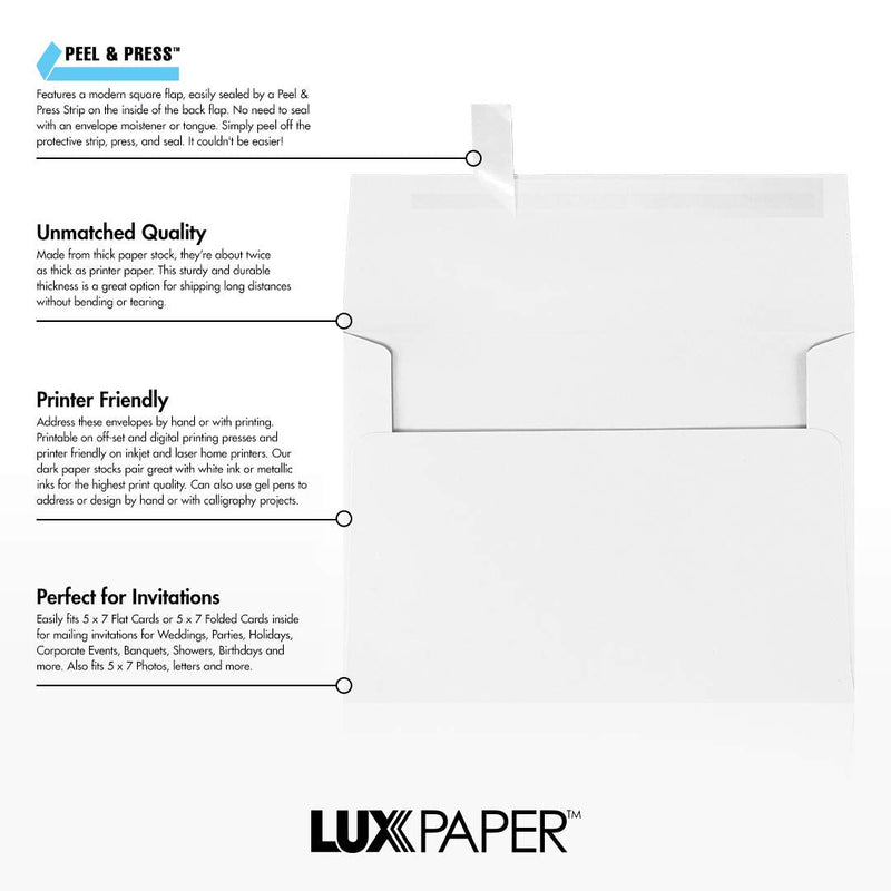 [Australia - AusPower] - LUXPAPER A7 Invitation Envelopes for 5 x 7 Cards in 80 lb. Bright White, Printable Envelopes for Invitations, w/Peel and Press Seal, 50 Pack, Envelope Size 5 1/4 x 7 1/4 (White) 50 Qty. 80lb. White 
