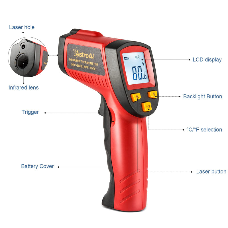 [Australia - AusPower] - AstroAI Infrared Thermometer 380 (NOT for Human), No Touch Digital Laser Temperature Gun with LCD Display -58℉~716℉ (-50℃～380℃) for Cooking/BBQ/Freezer/Meat - Red 
