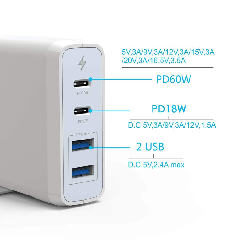 [Australia - AusPower] - USB C Wall Charger, 4-Port PD Power Delivery Adapter with 60W & 18W Type-C Port and 2 USB A Ports (12W) Compatible with MacBook Pro/Air, Pixel, iPhone Xs/Max/XR, Galaxy and More 