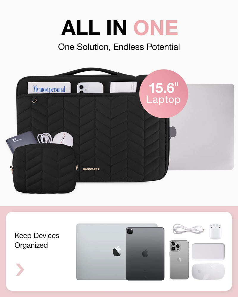 [Australia - AusPower] - BAGSMART 15-16 inch Laptop Sleeve with Handle, Puffy Padded Laptop Case Bag, Portable MacBook Case Sleeve Fitted with MacBook Air 15.6 inch, MacBook pro 16 inch, Computer Sleeve Fitted with Dell,HP With Accessories-Black 