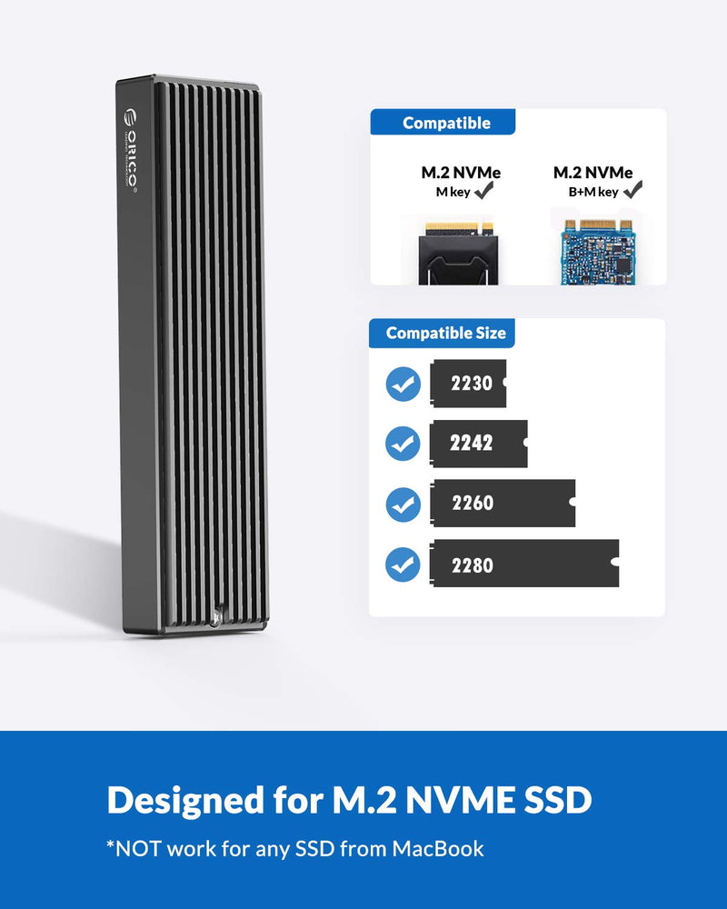 [Australia - AusPower] - ORICO M.2 NVMe SSD Enclosure, USB 3.1 Gen 2 (10 Gbps) to NVMe PCI-E M.2 SSD Case Support UASP for NVMe SSD Size 2230/2242/2260/2280(up to 2TB) 