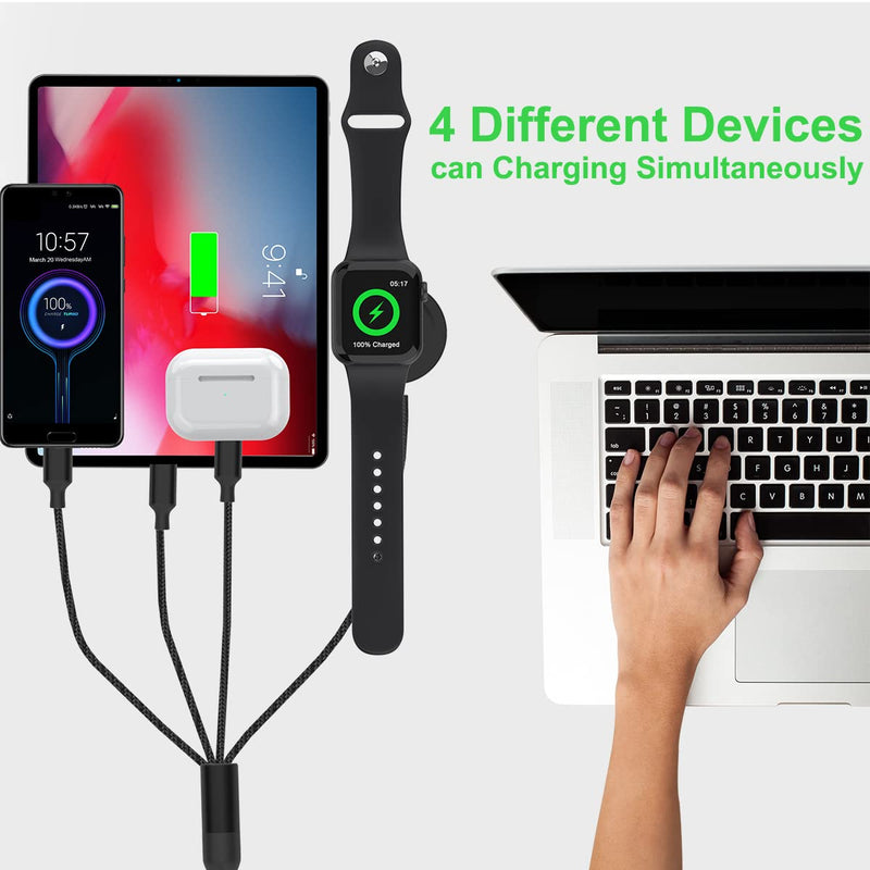 [Australia - AusPower] - Multi 5 in 1 USB Universal Smart Watch Charging Cable，1.8M/6Ft Magnetic iWatch Charger 7/6/SE/5/4/3/2/1+Lightning*2+Type C+Micro USB Nylon Cord Adapter for Apple Watch/iPhone/iOS/Android/Huawei-Black Black 
