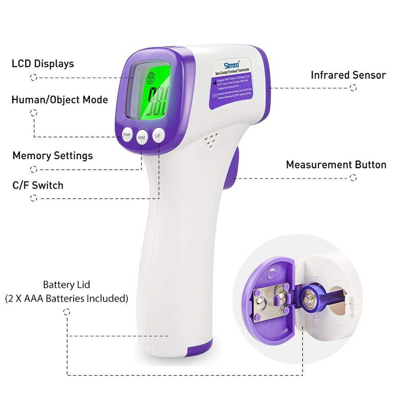 [Australia - AusPower] - Infrared Forehead Thermometer, Non-Contact Forehead Thermometer for Adults, Kids and Baby, Accurate Instant Readings No Touch Infrared Thermometer with Fever Alarm and Memory Function(2 Battery) 