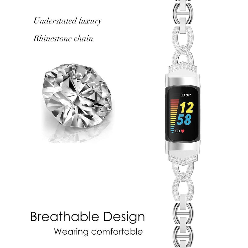 [Australia - AusPower] - Abanen Crystal Alloy Bands for Fitbit Charge 5, Bling Bands Adjustable Women Hollow-carved Lightweight Wristbands Strap Bracelet for Fitbit Charge 5 Advanced Tracker Silver 