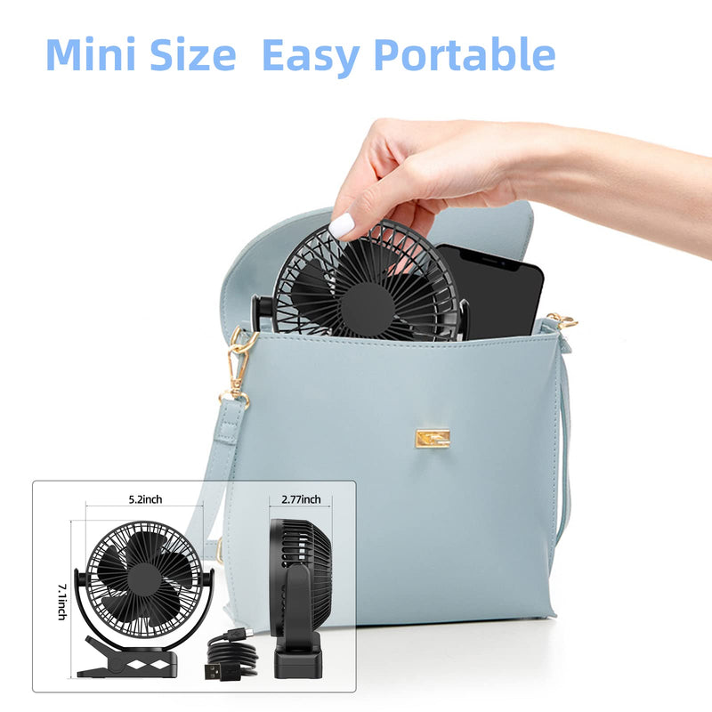 [Australia - AusPower] - ATEngeus USB Desk Fan, 5000mAh Rechargeable Portable Fan, 5 Inch Clip-on Fan, 3 speed strong airflow, Dual 360° Rotation, with USB data cable, Suitable for home, office and stroller. (black) TF-28B-5'' 