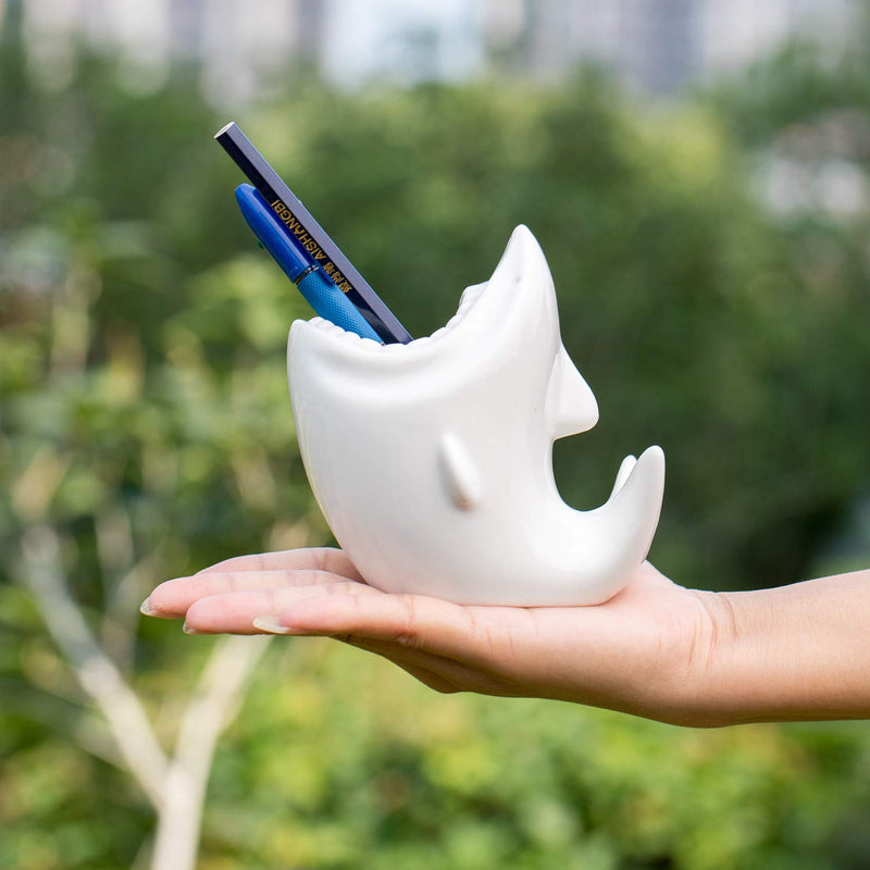 [Australia - AusPower] - ComSaf Cute Shark Shaped Pen Pencil Holder, White Ceramic Succulent Planter Pots for Home Office Decoration Desk Organization, Set of 1 