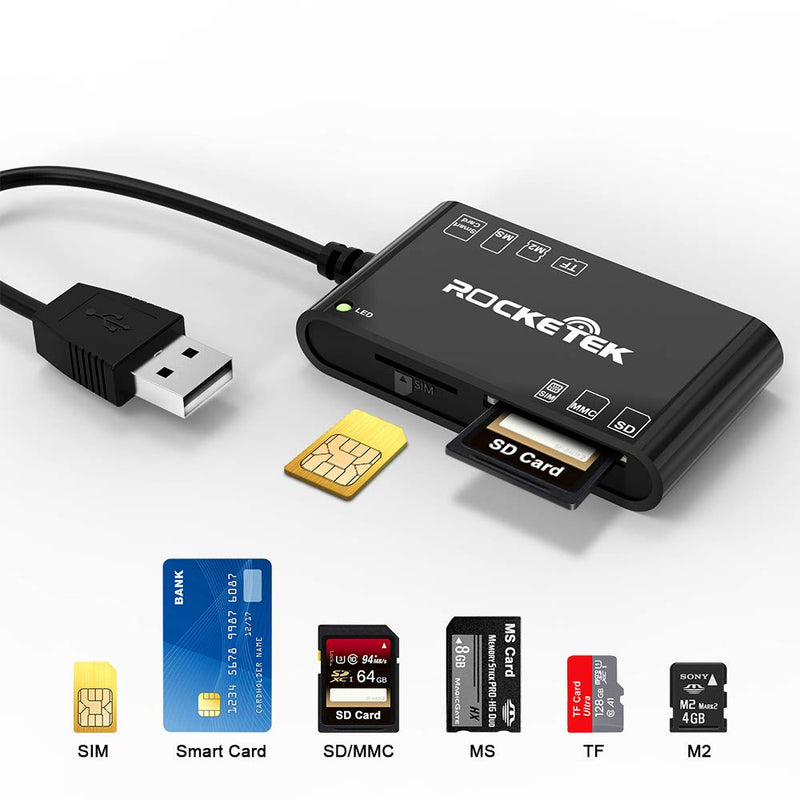 [Australia - AusPower] - 6 in 1 Memory Card Reader, Rocketek USB Smart Card Reader with SDHC/SDXC/SD Card Reader & Micro SD Card Adapter, CAC Card Reader for SIM, MS, M2, MMC RS & 4.0 for Windows, Linux/Unix, Mac OS X 