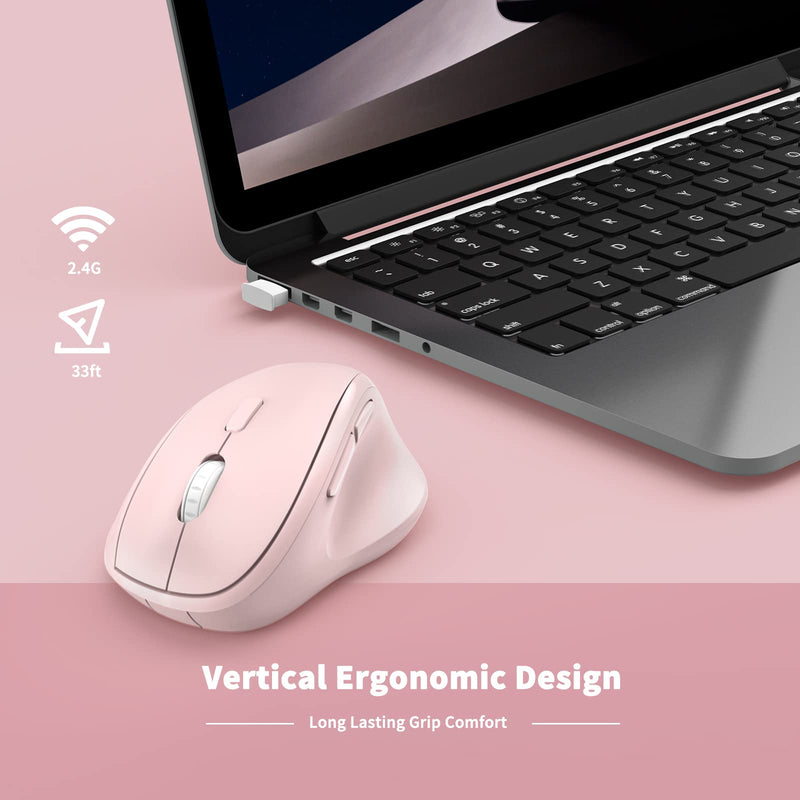 [Australia - AusPower] - Ergonomic Wireless Mouse with USB Receiver for PC Computer, Laptop and Desktop, Ergo Mouse with Silent Clicks, About 16-Month Battery Life, Up to 1600 DPI & 1 AA Battery Powered, Pink 