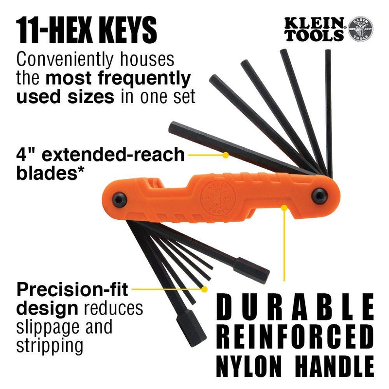 [Australia - AusPower] - Klein Tools 70550 Hex Key Set, 11 SAE Sizes, Heavy Duty Folding Allen Wrench Tool with Extra Long Hex Keys 