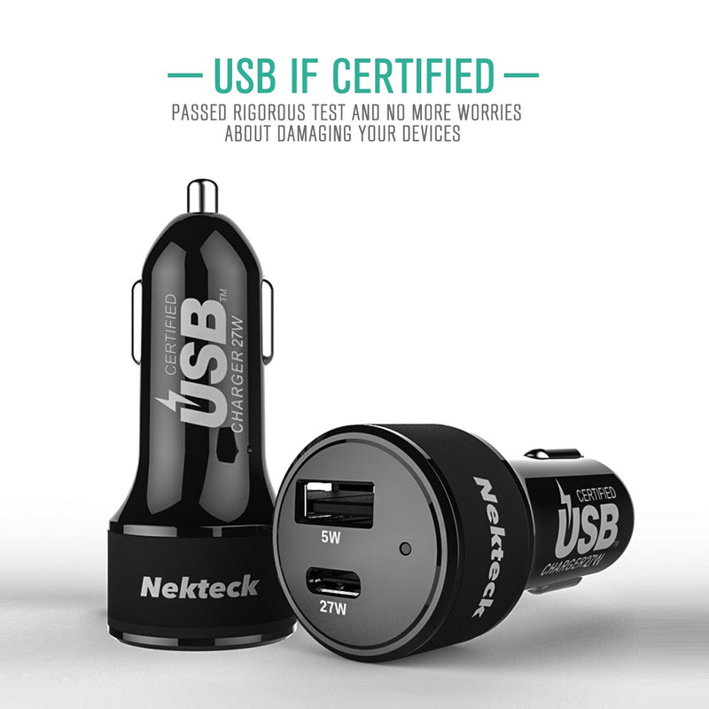 [Australia - AusPower] - Nekteck USB-IF Certified USB Type C Car Charger with PD Power Delivery 27W & USB-A 5W for MacBook 12-inch/Pro 2016, Pixel 3 2/XL Galaxy S9/ S9+/ Note 8/ S8/ S8+ More (USB-C Cable 3.3Ft Included) 