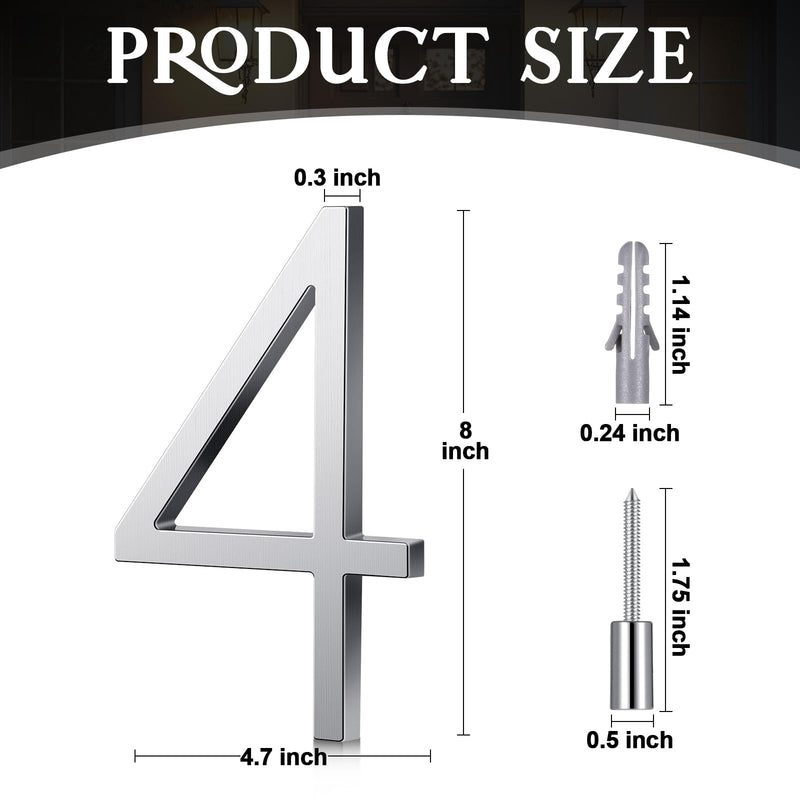 [Australia - AusPower] - Blulu 8 Inch Stainless Steel Floating Large House Number 0-9 for Outside Modern Floating Address House Numbers with Nail Kit and Instructions High Gloss Silver Address(Number 4) Number 4 