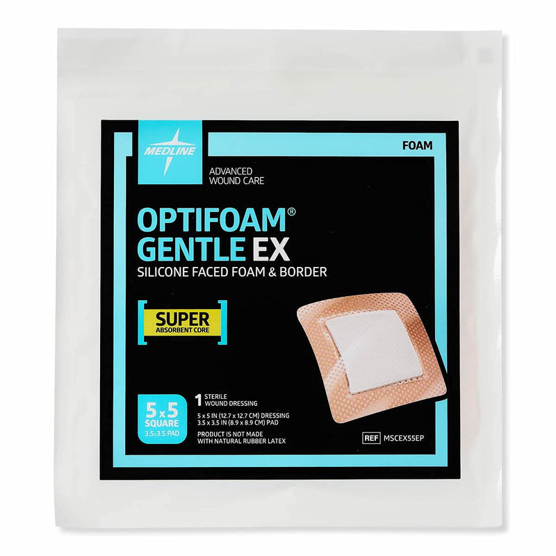 [Australia - AusPower] - Medline Optifoam Gentle EX Bordered Foam Adhesive Dressing, 5" x 5" Square (10 Count) 5" X 5" Box 
