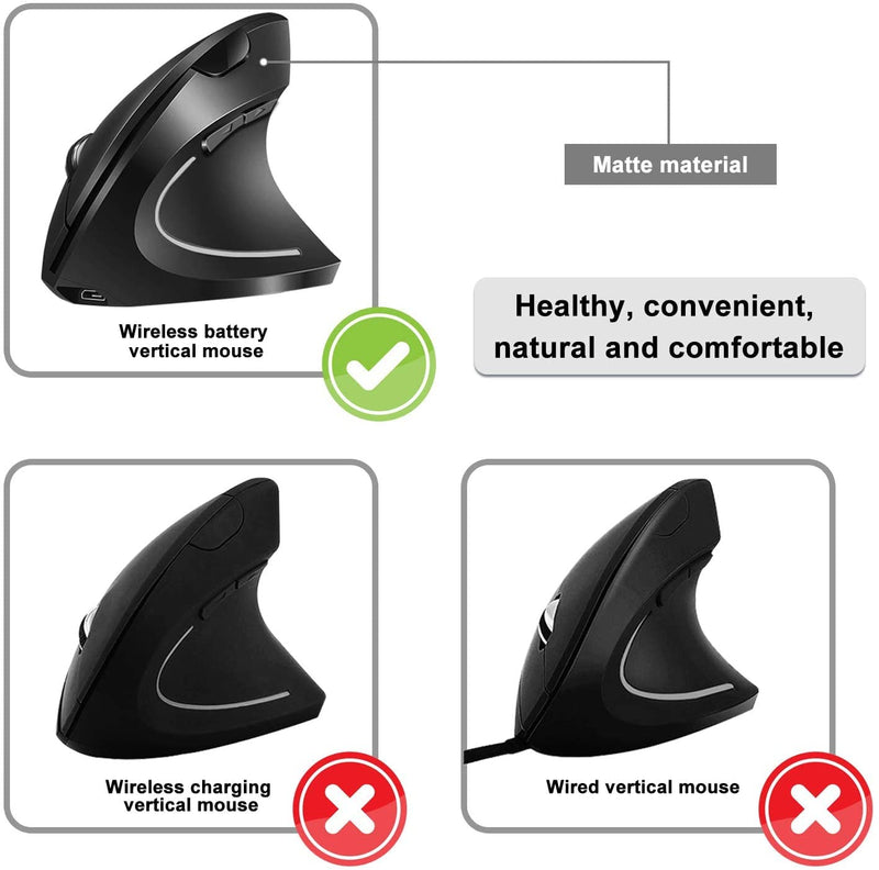 [Australia - AusPower] - Vassink Ergonomic Mouse, Rechargeable Wireless Mouse, 2.4GHz Rechargeable Wireless Vertical Optical Mice with USB Receiver, 6 Buttons, 800/1200/1600 DPI, for Laptop, PC, Computer Black 