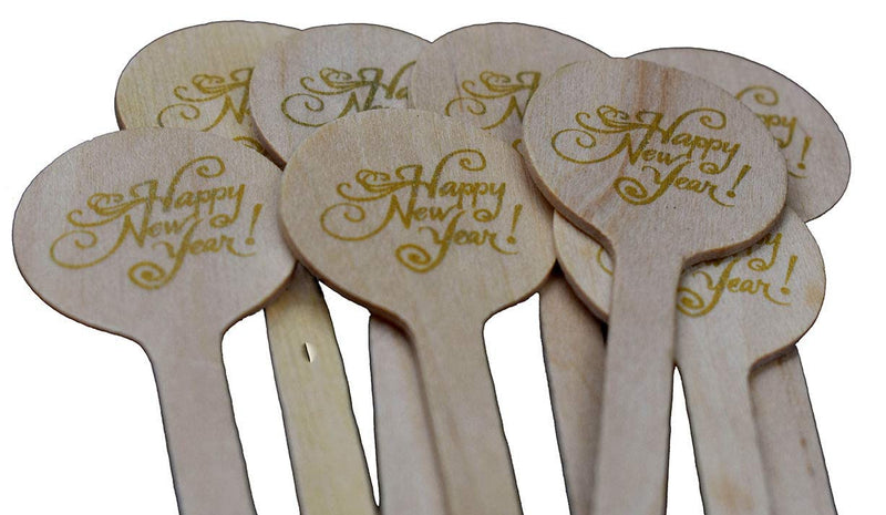 [Australia - AusPower] - Perfectware 6" Wooden Cocktail/Coffee Drink Stirrers with Happy New Year Print-Pack of 50ct. Custom Printed in Gold 