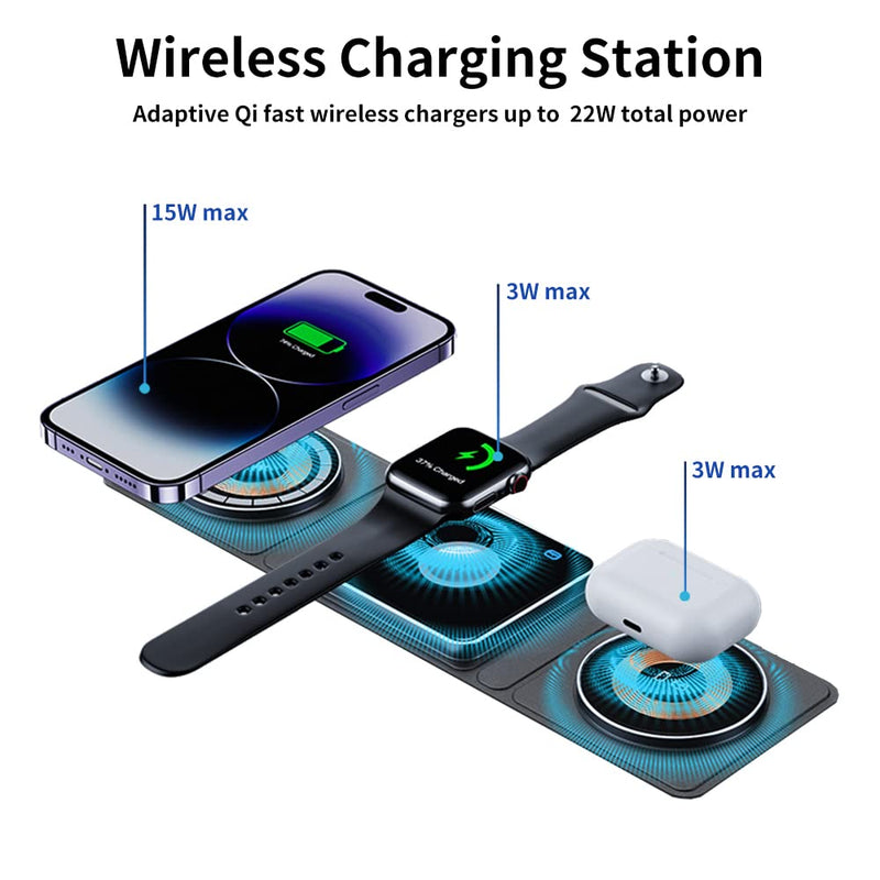 [Australia - AusPower] - Foldable Travel Wireless Charger Station: Compact 3in1 Portable Magnetic Pad Kit - for Charging Apple Watch iPhone Airpods 