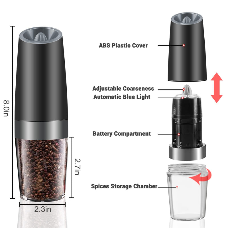 [Australia - AusPower] - MOVNO Gravity Electric Salt and Pepper Grinder Set of 2 with Blue LED Light, Battery Powered Pepper Automatic Mill Grinder with a Brush, Adjustable Coarseness, One Hand Operation, Black 2 pack 