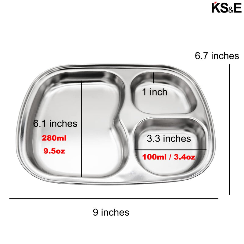 [Australia - AusPower] - Korean Stainless Steel Divided Plates by KS&E, Kids Toddlers Babies Tray, BPA Free, Diet Food Control, Camping Dishes, Compact Serving Platter, Dinner Snack, 3 Compartment Plate Silver, Set of 2 3 Compartments 