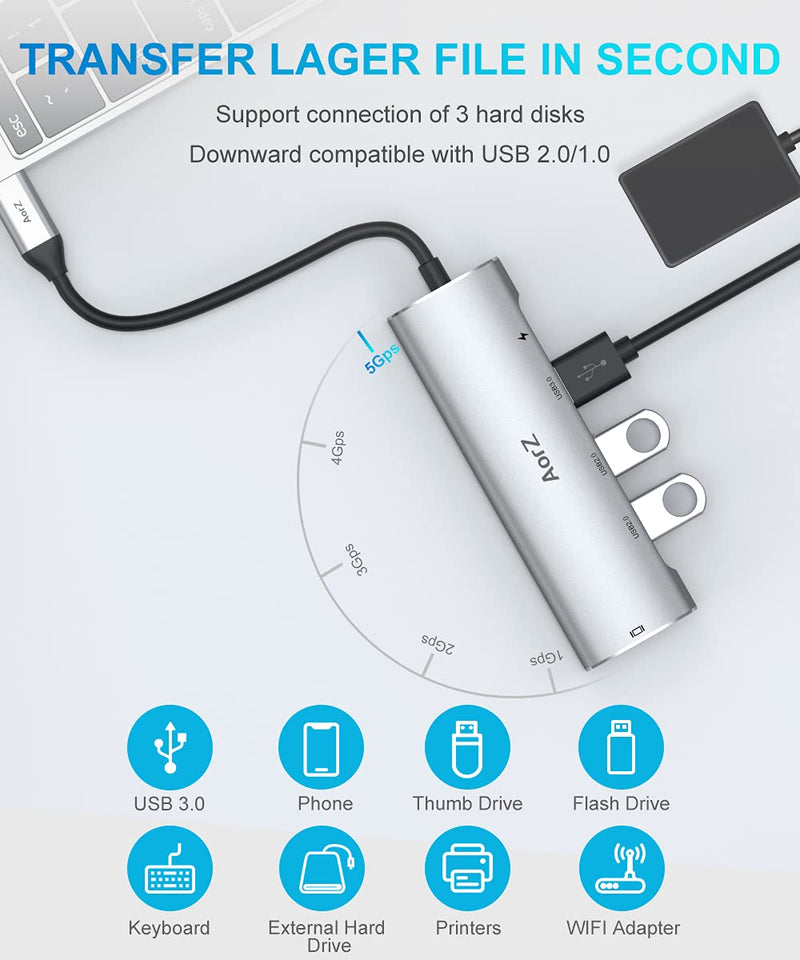 [Australia - AusPower] - USB C Hub, USB Hub to HDMI Multiport AorZ USB C Dongle Adapter 7 in 1 with 4K HDMI Output, USB-C Laptop Docking Station,5 in 1 Type C Adapter 