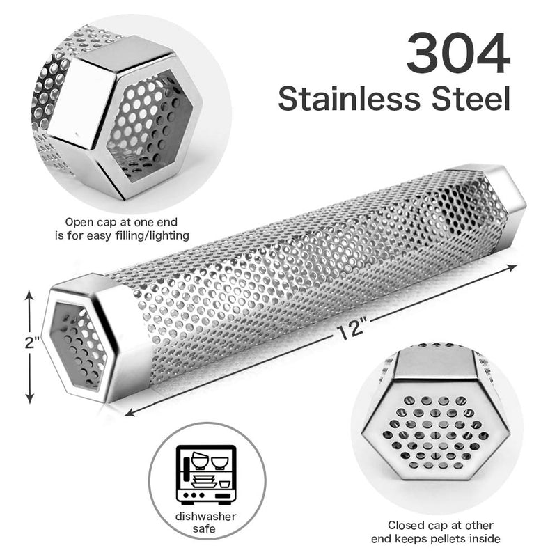 [Australia - AusPower] - Pellet Smoker Tube - 12'' Smoke Tube for Pellet Smoker Grill, Stainless Steel Pellet Tube for Smoking Portable Barbecue Cold Smoke Generator Works with Electric Gas Charcoal Grilling, Bonus Brush Hexagon Tube+2Hooks 