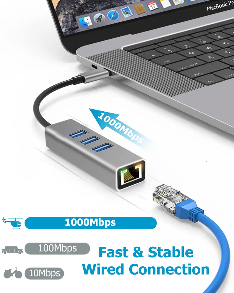 [Australia - AusPower] - USB to Ethernet Adapter - USB 3.0 Hub with RJ45 1000/100/10 Gigabit Network Adaptor, Multiport USB Dongle Internet Connector for MacBook Pro, Surface Pro, XPS, Laptop, Computer (Type-A) Type-A 