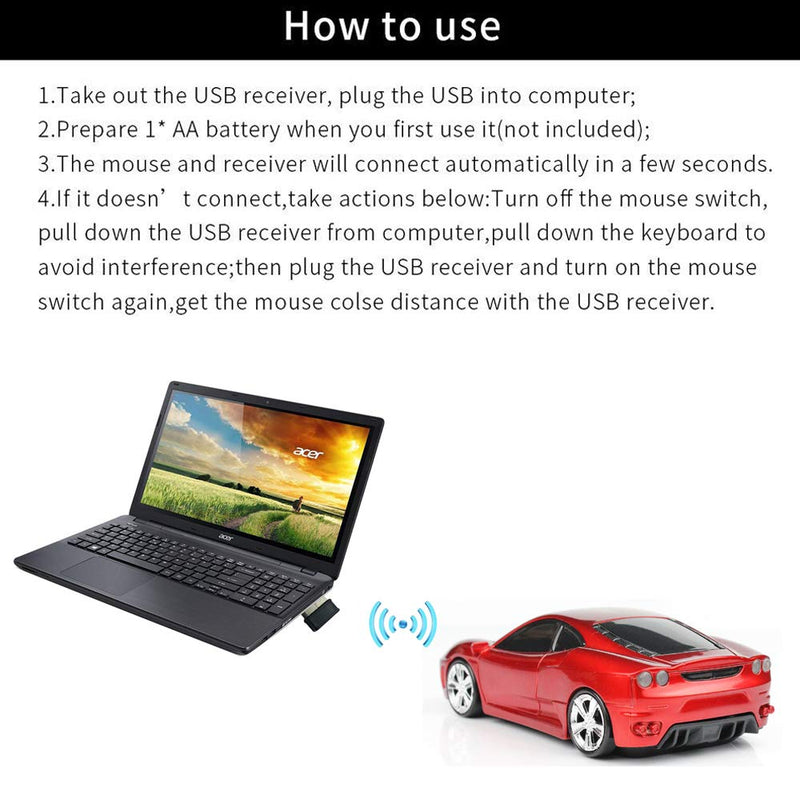 [Australia - AusPower] - Jinfili Sleep Sport Car Shaped Wireless Computer Mouse Ergonomic Gaming Optical Mouse USB 2.4G Mini Receiver Office Accessories for PC Windows Laptop Notebook Mac Red 