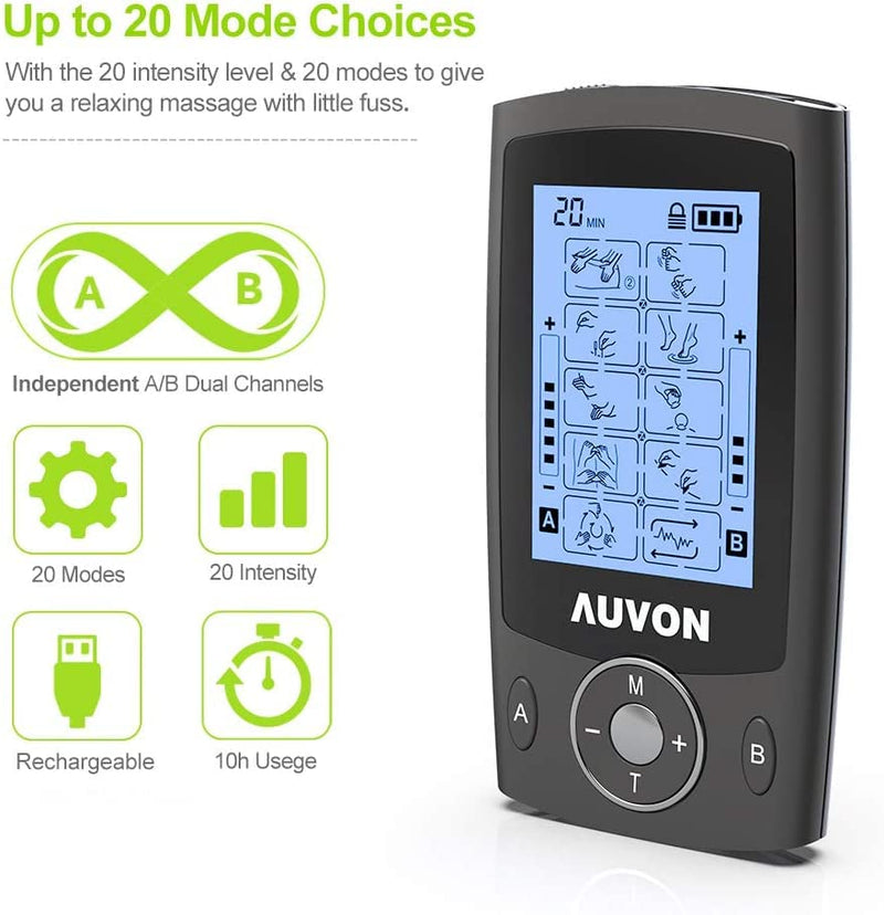 [Australia - AusPower] - AUVON Dual Channel TENS Unit Muscle Stimulator with 20 Modes, Rechargeable TENS Machine for Back/Neck/Lower Back/Leg/Muscle Pain Relief, with 4pcs 2" and 4pcs 2"x4" Electrode Pads (Black) 