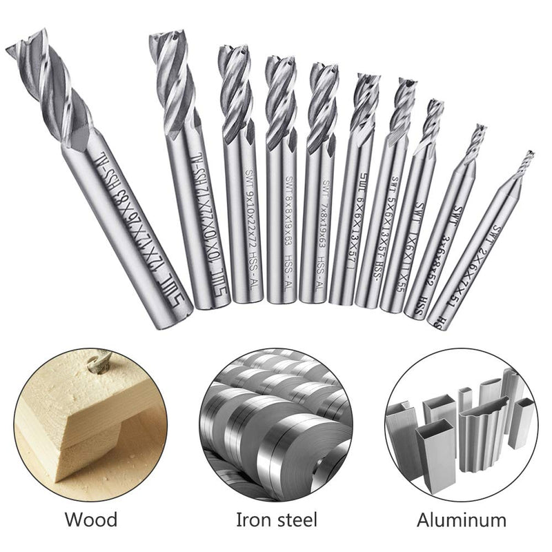 [Australia - AusPower] - 10 pcs 4-Flute End Mill Bits, AFUNTA 0.08" - 0.47" HSS CNC Straight Shank Drill Bits Cutter Tool Set for Wood Aluminum Steel Titanium 