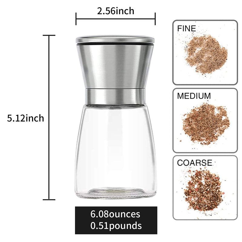 [Australia - AusPower] - Herda 2 Pack Refillable Salt and Pepper Grinders Set - Pepper Mill with Stainless Steel Head- Short Glass Shakers with Adjustable Coarseness for Sea Salt, Black Peppercorn, Spices 6oz 