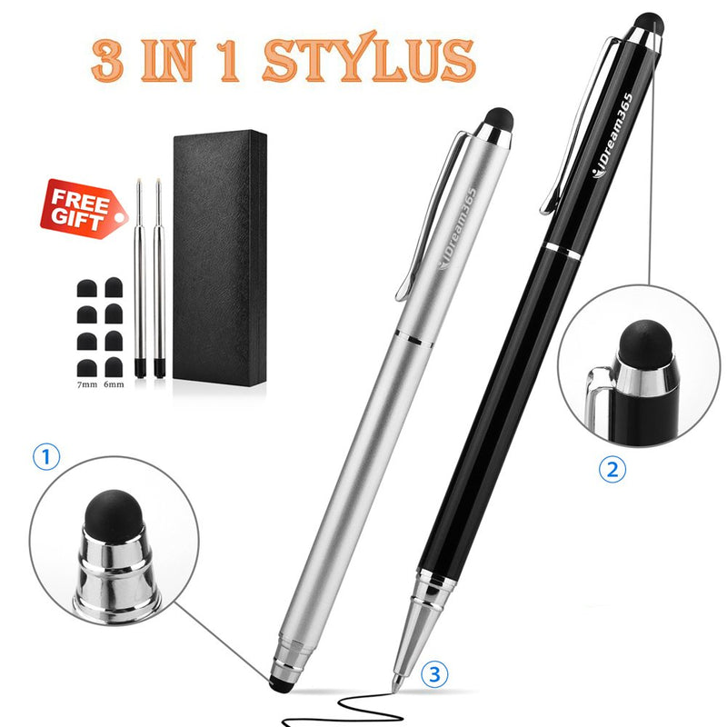 [Australia - AusPower] - 3-in-1 Stylus Pens for Touch Screens,Capactive Stylus for Smartphones,Tablets(5.7 inch Length)-Extra 2 Refills+8 Rubber Tips-Black&Silver 