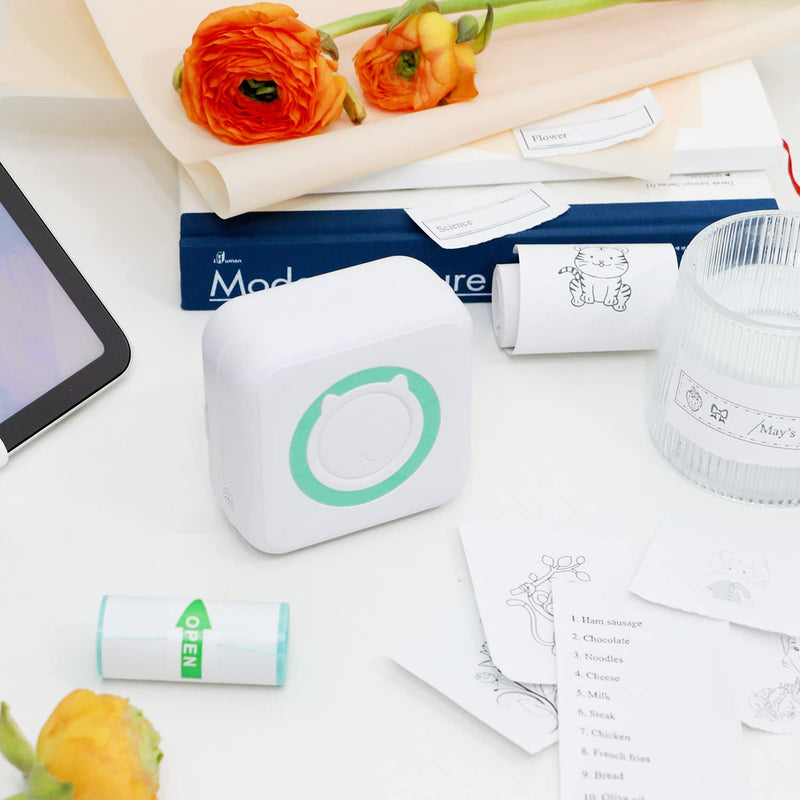 [Australia - AusPower] - AURTEC Mini Thermal Printer, Portable Wireless Bluetooth Inkless Printer with 3 Rolls of Sticker and 3 Rolls of Thermal Paper, Compatible with Android/iOS, Pocket Printer for Memo, DIY, Photo and More Green 