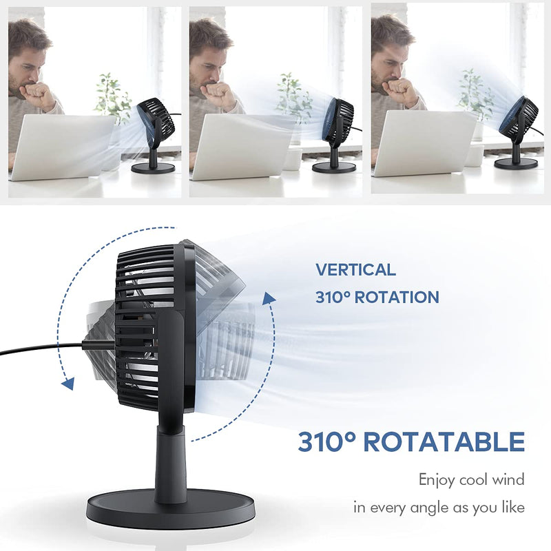 [Australia - AusPower] - Small Personal USB Powered Fan with 4 Speeds, Portable Desk Fans with 310° Rotation, Mini Powerful Table Fans, Ultra Quiet Air Cooling Fan for Office, Bedroom, Easy to Storage, Strong, Compact, Black 4" Black 