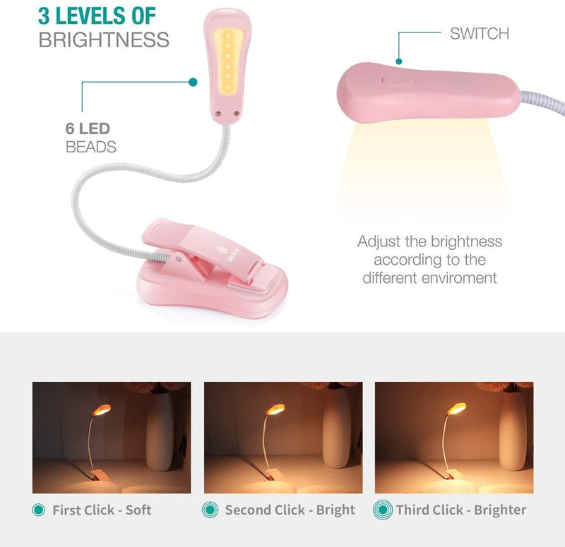 [Australia - AusPower] - Vekkia Rechargeable Book Light - Includes 4 LED Pink Neck Reading Light and 6 LED Pink Book Light 