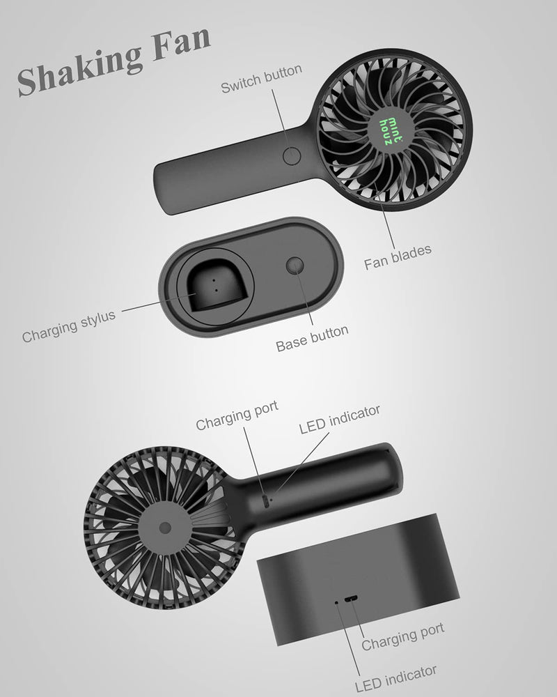[Australia - AusPower] - Minthouz Handheld Fan, 90° Automatic Head Shaking Personal Fan with Rotating Base, 3 Speed Adjustable Portable Fan Rechargeable Desk Fan with 2000mAh Built-in Battery, Mini Fan for Office/Home/Outdoor Black 
