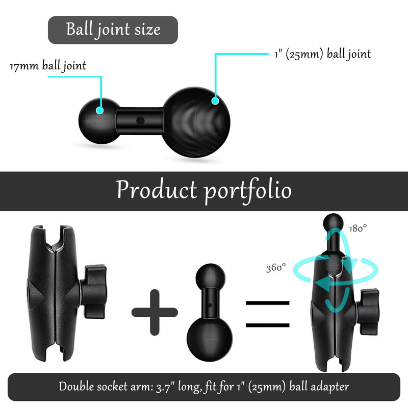[Australia - AusPower] - 25mm / 1 inch to 17mm Ball Adapter for RAM Mounts B Size Double Socket Arm, Garmin 17mm Swivel Ball Mounting Pattern GPS Mount (Double Socket Arm: Long 3.75") 