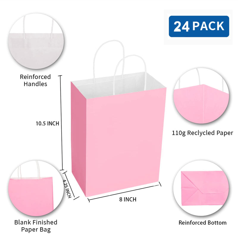 [Australia - AusPower] - Oletx 24PCS Pink Kraft Paper Gift Bags with Handles Bulk 8''x4.25''x10.5'', Craft Shopping Bags,Grocery Retail Bag,Wedding Bags,Birthday Bags 