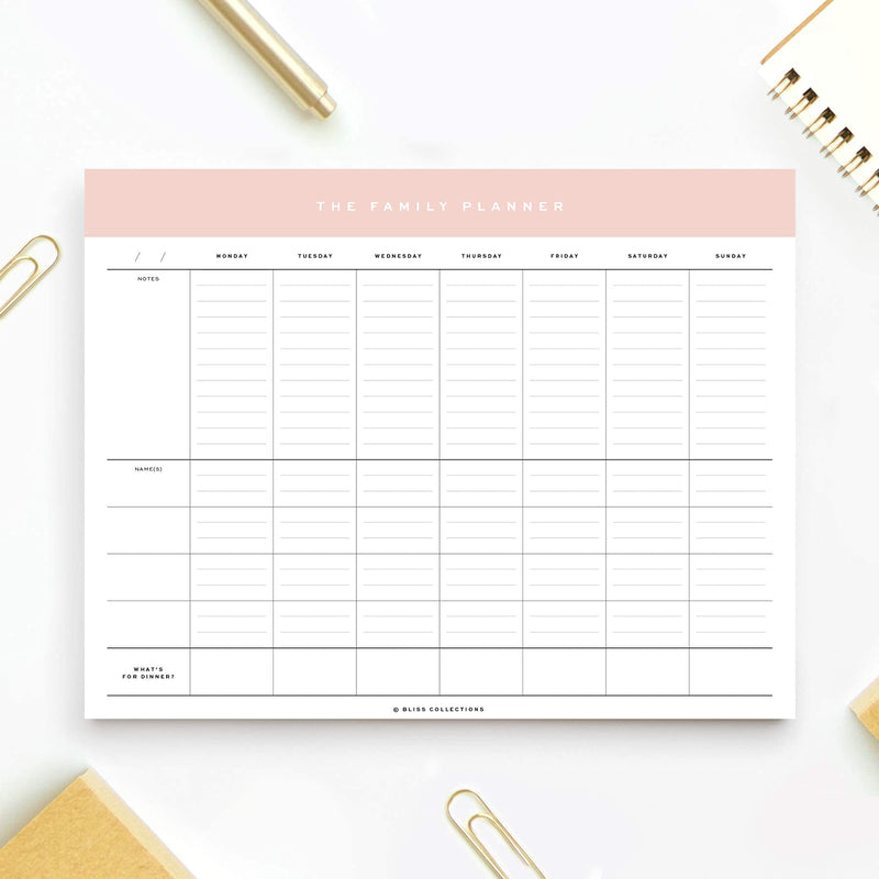 [Australia - AusPower] - Bliss Collections Family Planner with 50 Undated 8.5 x 11 Tear-Off Sheets - Simple Pink Daily and Weekly Calendar for Planning and Organizing Family Activities, Appointments, Tasks, Chores and Meals 