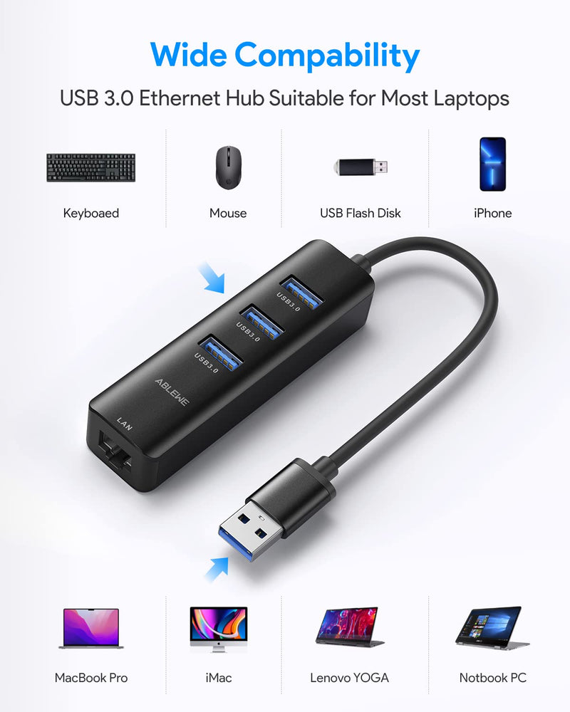 [Australia - AusPower] - USB to Ethernet Adapter, ABLEWE 3 Ports USB 3.0 Hub with RJ45 1Gbps Gigabit Ethernet Adapter, for MacBook Air 2017, iMac, XPS, Surface Pro, Linux, Chromebook, Notebook and More - Black 