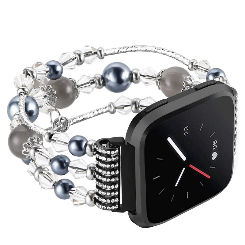 [Australia - AusPower] - Anjoo Bands Compatible with Fit bit Versa/ Versa Lite Edition, Fashion Jewelry Elastic Stretch Pearl Smartwatch Bracelet Replacement Women Girls Strap Bands - Black, 6.8"-8.0" Black/ Grey Large:6.8-8.0 
