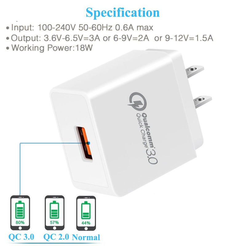 [Australia - AusPower] - Quick Charge 3.0, 18W USB Wall Charger QC 3.0 Adapter 3A Fast Charger Compatible with iPhone 12 11 Pro X XR XS Max | Galaxy S21 S20 FE S10 S10e S9 S8 Note 20 Ultra 10 9 8 | Pixel 5-4A-4-3-2-XL Phones 