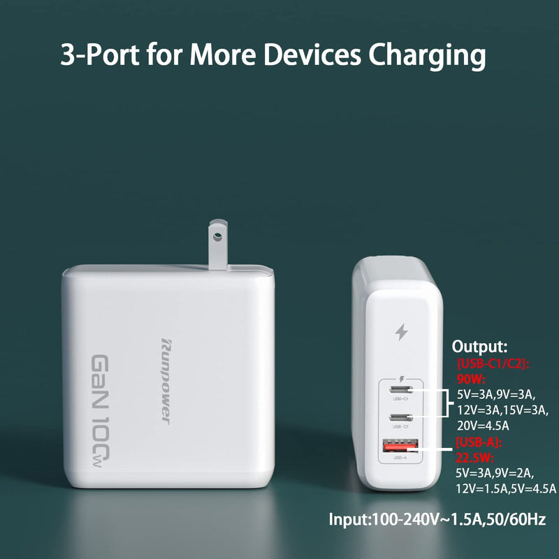 [Australia - AusPower] - USB C Charger,Runpower 100W 3-Port Portable Fast Charger with Quick Charge USB A Ports and Dual USB C Ports, USB C Wall Charger for MacBook Pro 16, 15, iPad Pro,Laptop, Phone, Tablet and More 