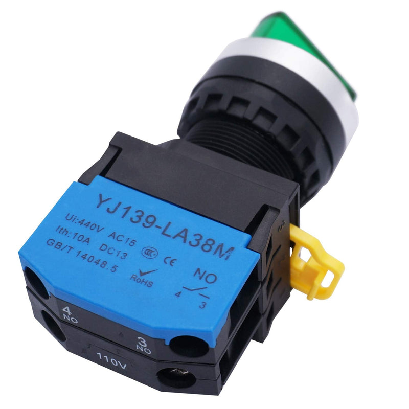 [Australia - AusPower] - TWTADE 22mm SPST 1 NO Two 2 - Positions Maintained Latching Rotary Shell (Green) LED lamp Select Selector Switch 440V 10A (Quality Assurance for 3 Years) LA38M-10XD-21 Green 
