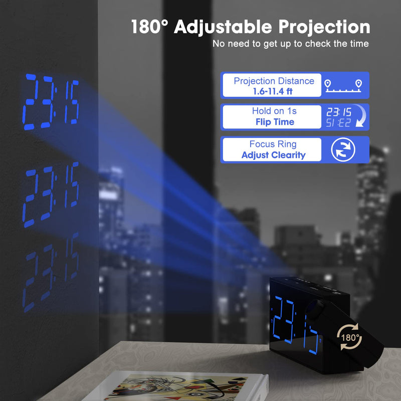 [Australia - AusPower] - Projection Digital Alarm Clock on Ceiling Wall, LED Alarm Clock for Bedrooms with USB Charger Port,180°Projector,Snooze,DST,Dimmer,Dual Loud Alarm Clock for Heavy Sleeper Adults Kids Blue 