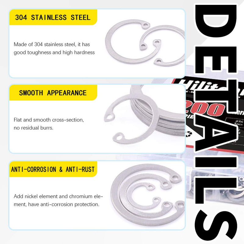 [Australia - AusPower] - Hilitchi 200Pcs 15Sizes 304 Stainless Steel Internal Snap Ring Circlip Snap Retaining Clip Ring Assortment Set 
