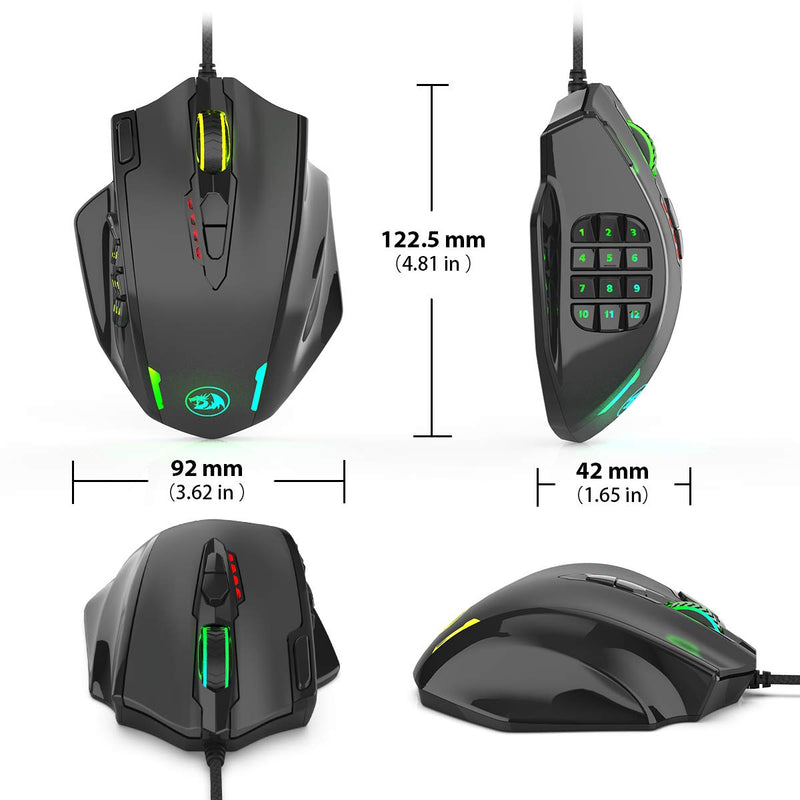 [Australia - AusPower] - Redragon M908 Impact RGB LED MMO Mouse with Side Buttons Optical Wired Gaming Mouse with 12,400DPI, High Precision, 20 Programmable Mouse Buttons Black Wired 