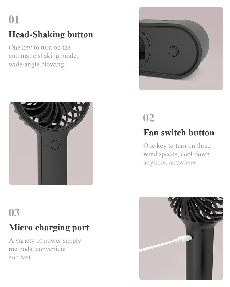 [Australia - AusPower] - Minthouz Handheld Fan, 90° Automatic Head Shaking Personal Fan with Rotating Base, 3 Speed Adjustable Portable Fan Rechargeable Desk Fan with 2000mAh Built-in Battery, Mini Fan for Office/Home/Outdoor Black 